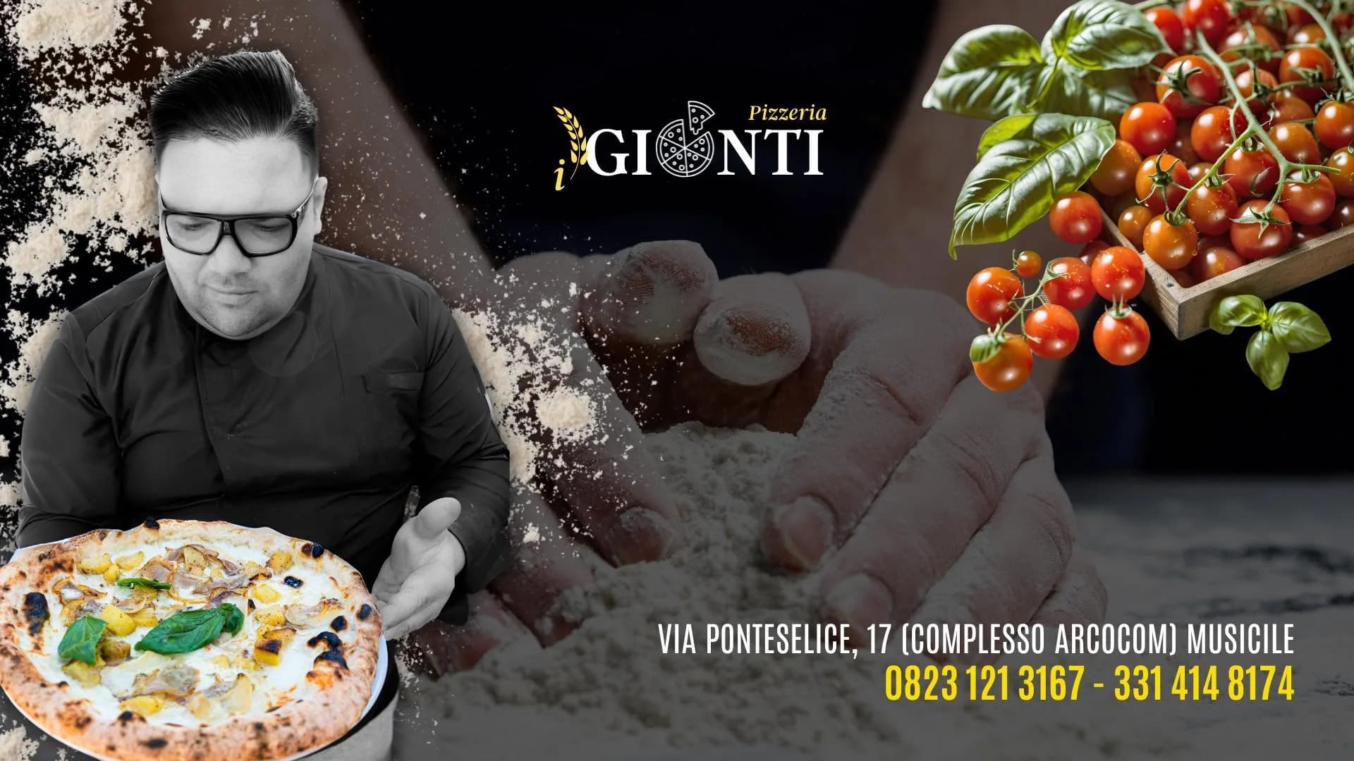 Salvatore Gionti con una pizza appena sfornata, tra farina, pomodorini e basilico