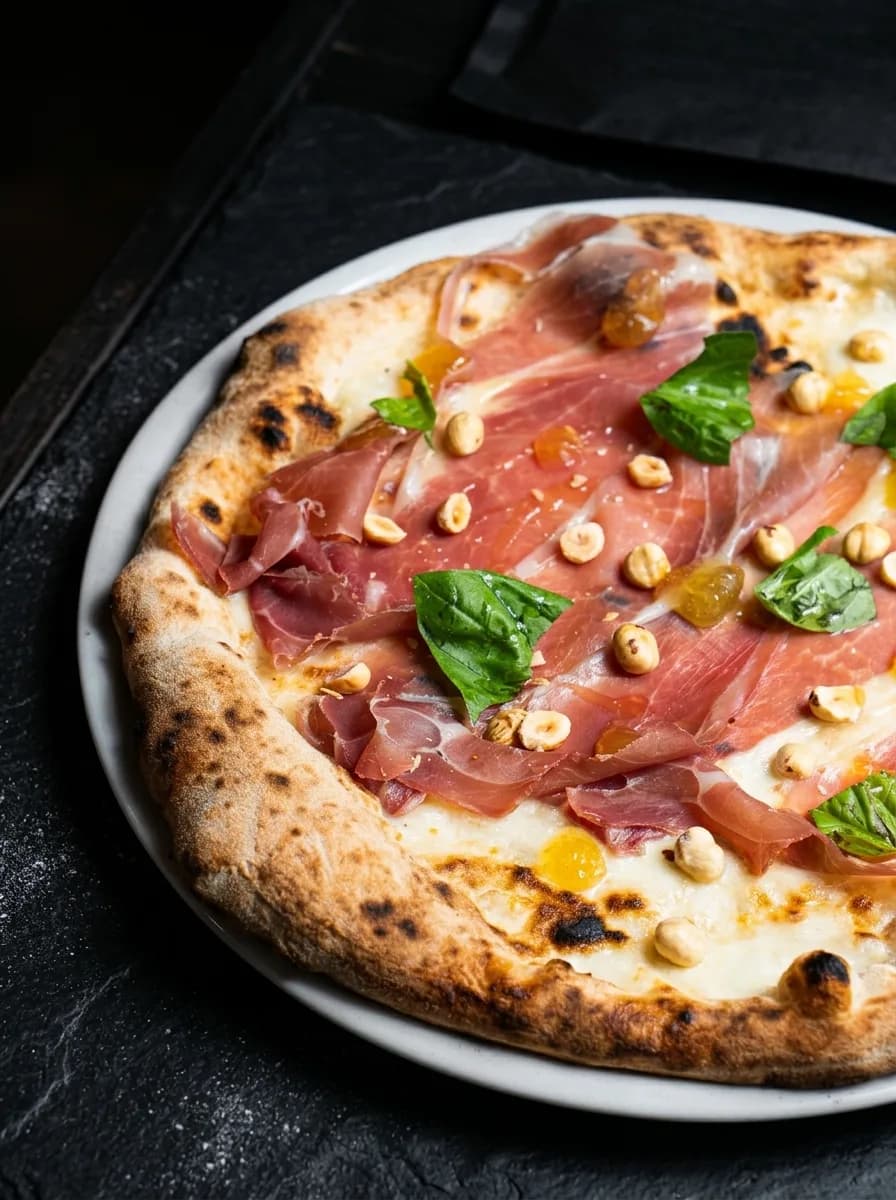 La Crudo e Nocciola: prosciutto crudo, nocciole tostate, confettura di fichi, fior di latte e basilico