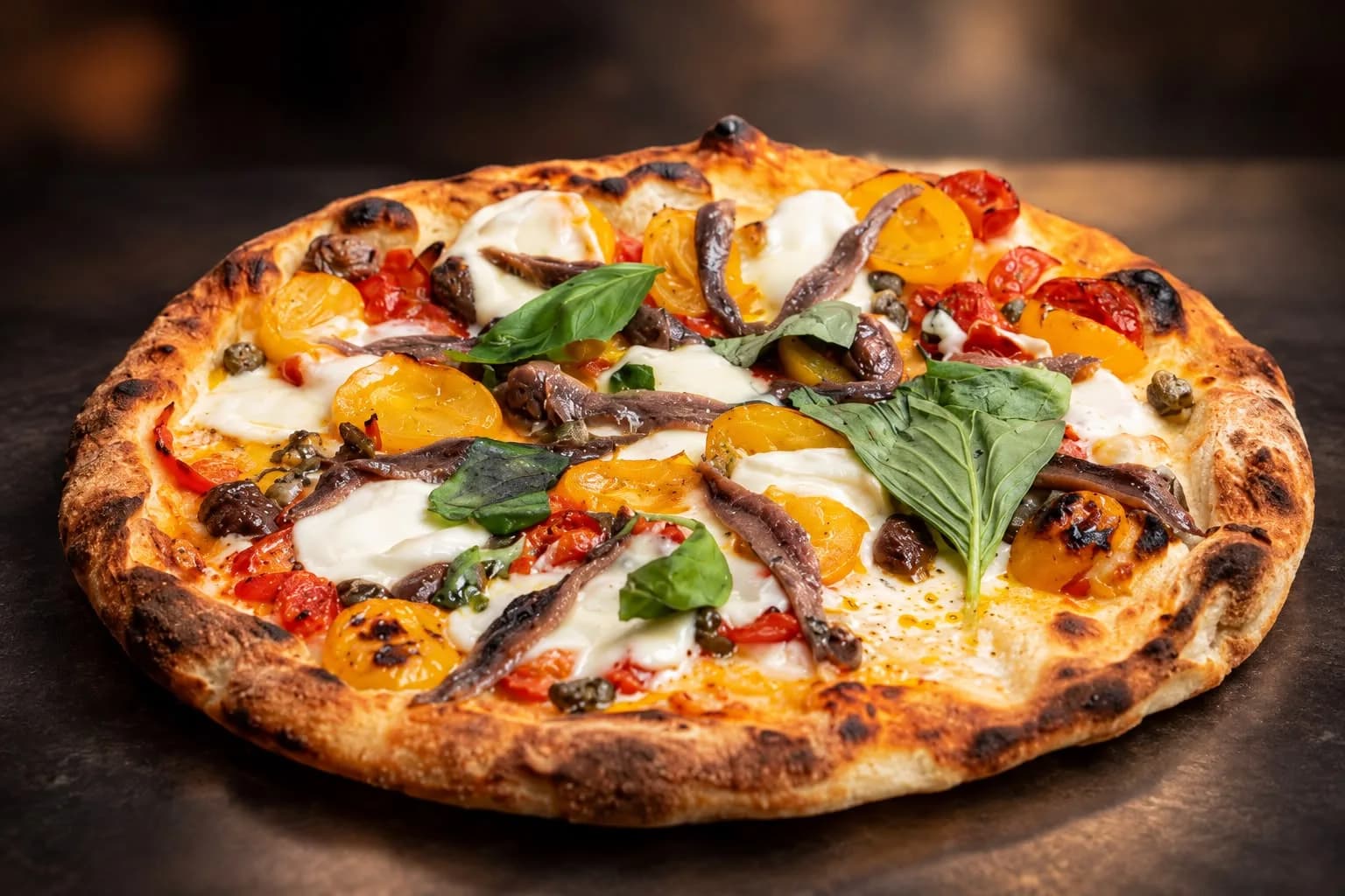 La Cetara: pomodorini gialli e rossi, mozzarella di bufala, capperi, olive nere, alici di Cetara e basilico fresco